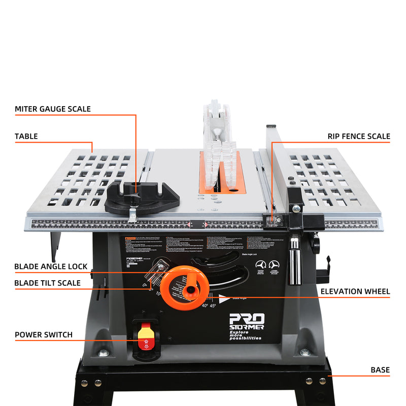 Table Saw 10 inch, Prostormer 15A Multifunctional Saw with Stand 45º -90º  Blade Angle and about 5000RPM No-Load Speed for Woodworking