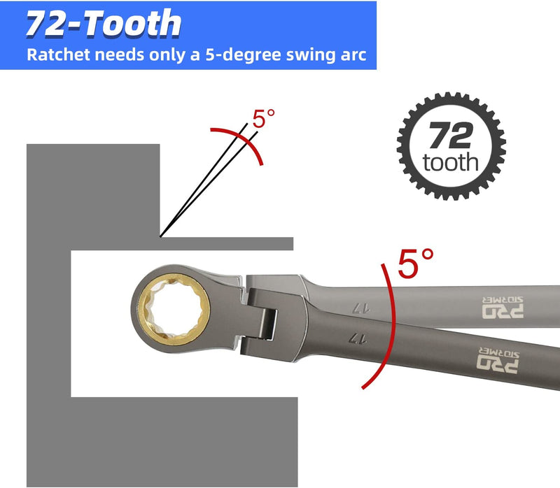 Prostormer 9-Piece Flex-Head Ratcheting Combination Wrench Set 8-17mm Metric Sizes